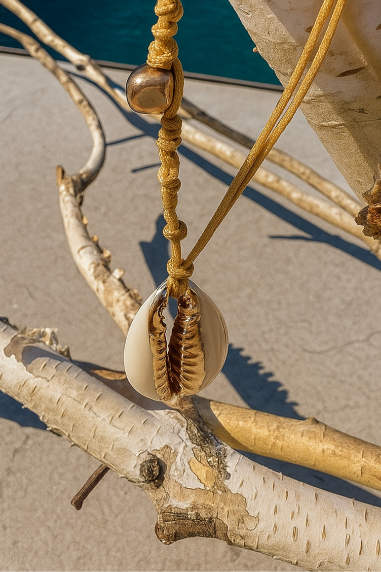 Decorative shell with beads on a branch by a pool